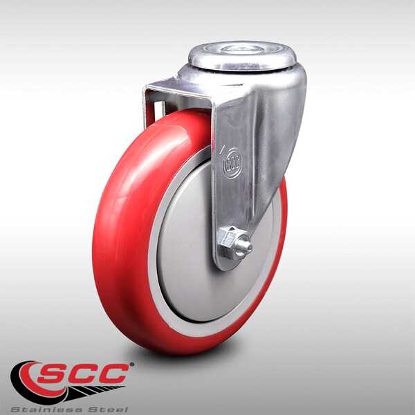 5 Inch SS Red Polyurethane Wheel Swivel Bolt Hole Caster